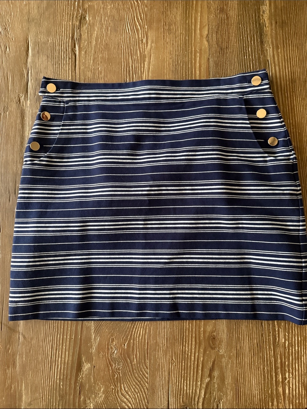 LOFT Navy and White Striped Mini Skirt with Gold-Tone Buttons